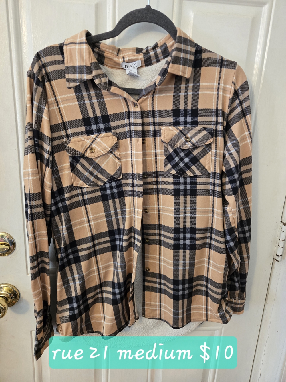 rue21 Tan and Black Plaid Button-Down Shirt